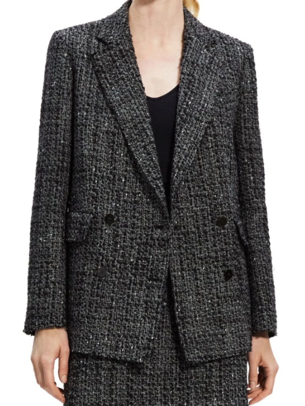 Theory Piazza Noelle Black White Tweed Wool Double Breasted Lined Blazer Size 6